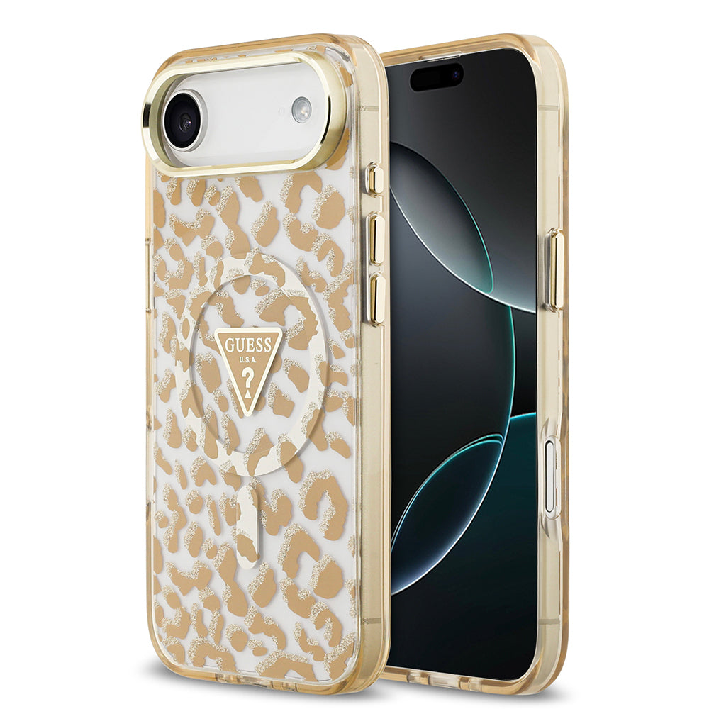 Apple iPhone 17 Air Kılıf Guess Orjinal Lisanslı M-safe Şarj Özellikli Üçgen Logolu Simli Leopar Desenli Kapak