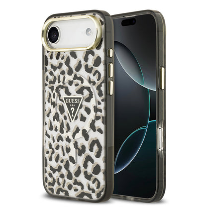 Apple iPhone 17 Air Kılıf Guess Orjinal Lisanslı M-safe Şarj Özellikli Üçgen Logolu Simli Leopar Desenli Kapak - Görsel 3