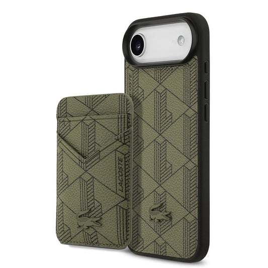 Apple iPhone 17 Air Kılıf Lacoste Orjinal Lisanslı M-safe Şarj Özellikli PU Deri Tasarımlı Kartlıklı Karışık Monogram Desenli Kapak