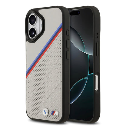 Apple iPhone 17 Kılıf BMW Orjinal Lisanslı M-safe Şarj Özellikli M Logolu Üç Şeritli Delikli Deri Kapak