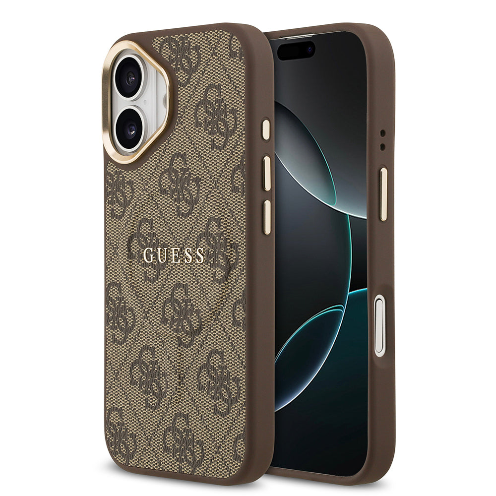 Apple iPhone 17 Kılıf Guess Orjinal Lisanslı M-safe Şarj Özellikli Gold Metal Kamera Çerçeveli PU Deri 4G Desenli Yazı Logolu Kapak - Görsel 3