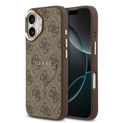 Apple iPhone 17 Kılıf Guess Orjinal Lisanslı M-safe Şarj Özellikli Gold Metal Kamera Çerçeveli PU Deri 4G Desenli Yazı Logolu Kapak - Görsel 3