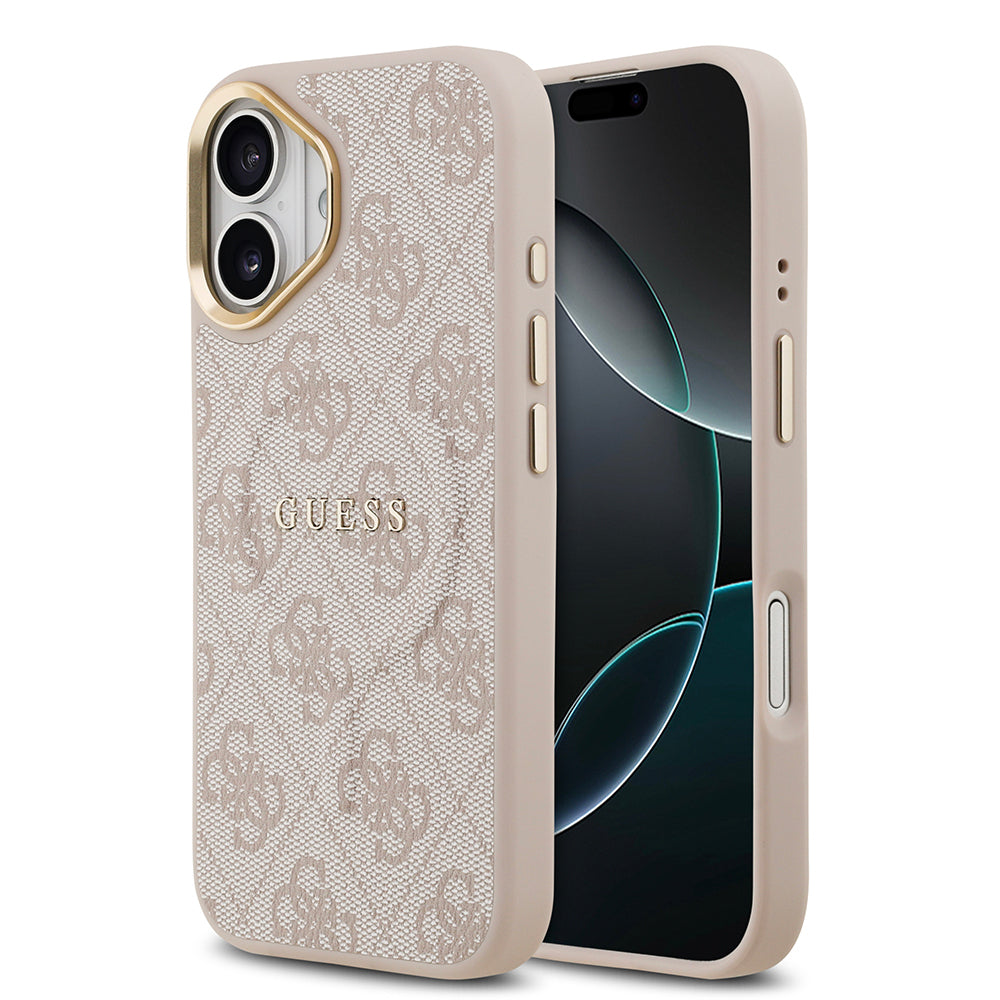 Apple iPhone 17 Kılıf Guess Orjinal Lisanslı M-safe Şarj Özellikli Gold Metal Kamera Çerçeveli PU Deri 4G Desenli Yazı Logolu Kapak - Görsel 5