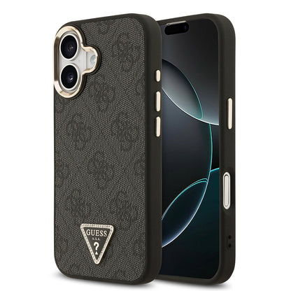 Apple iPhone 17 Kılıf Guess Orjinal Lisanslı M-safe Şarj Özellikli Gold Metal Kamera Çerçeveli Taşlı Üçgen Logo 4G Desenli Kapak