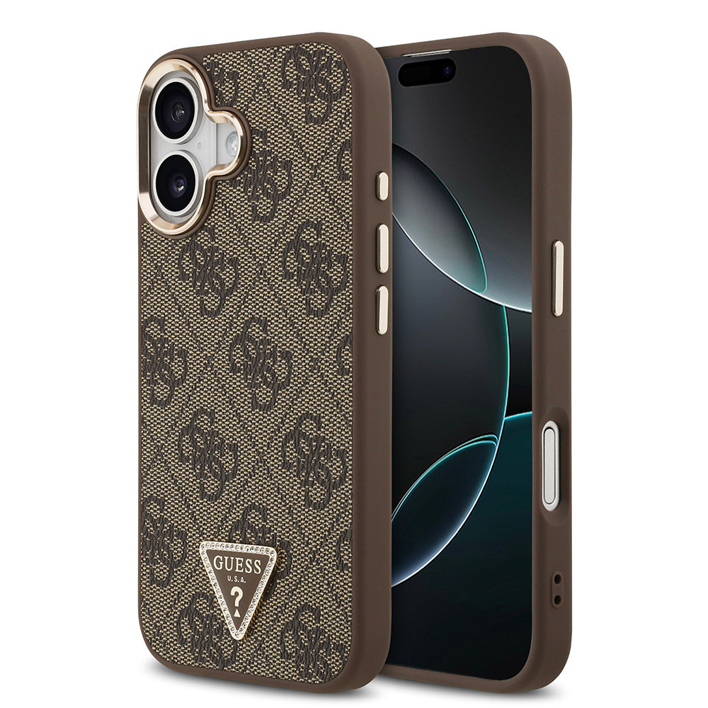 Apple iPhone 17 Kılıf Guess Orjinal Lisanslı M-safe Şarj Özellikli Gold Metal Kamera Çerçeveli Taşlı Üçgen Logo 4G Desenli Kapak - Görsel 3