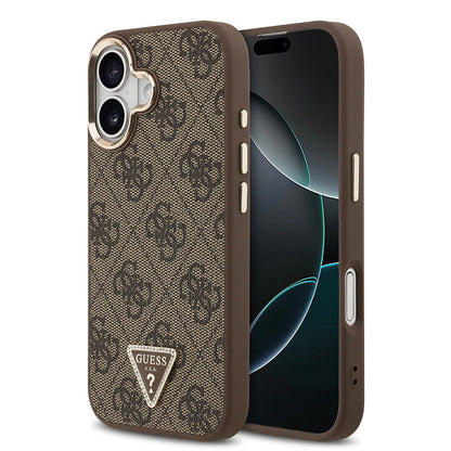 Apple iPhone 17 Kılıf Guess Orjinal Lisanslı M-safe Şarj Özellikli Gold Metal Kamera Çerçeveli Taşlı Üçgen Logo 4G Desenli Kapak - Görsel 3