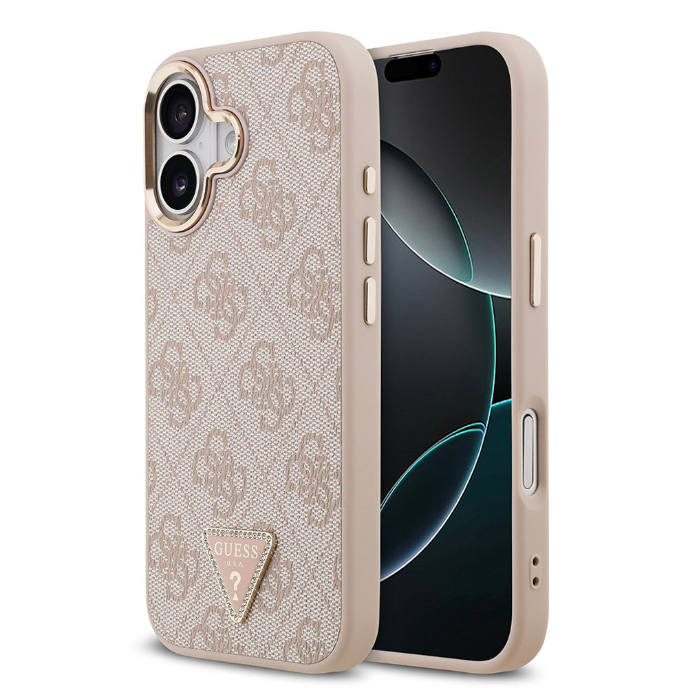 Apple iPhone 17 Kılıf Guess Orjinal Lisanslı M-safe Şarj Özellikli Gold Metal Kamera Çerçeveli Taşlı Üçgen Logo 4G Desenli Kapak - Görsel 4