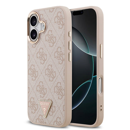 Apple iPhone 17 Kılıf Guess Orjinal Lisanslı M-safe Şarj Özellikli Gold Metal Kamera Çerçeveli Taşlı Üçgen Logo 4G Desenli Kapak - Görsel 4