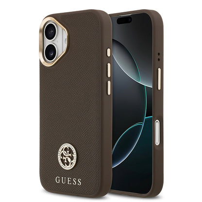 Apple iPhone 17 Kılıf Guess Orjinal Lisanslı M-safe Şarj Özellikli Grained Yazı ve Taşlı 4G Logolu Kapak
