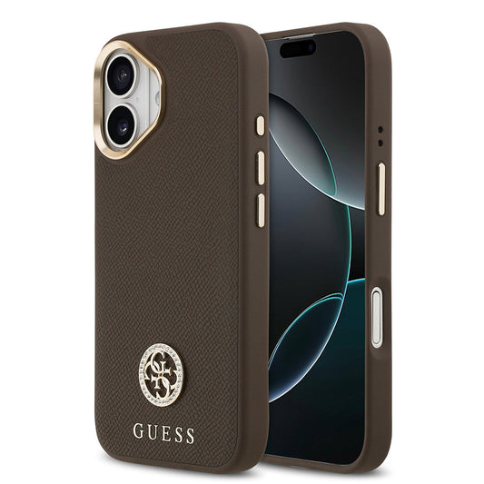 Apple iPhone 17 Kılıf Guess Orjinal Lisanslı M-safe Şarj Özellikli Grained Yazı ve Taşlı 4G Logolu Kapak