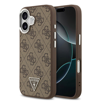 Apple iPhone 17 Kılıf Guess Orjinal Lisanslı M-safe Şarj Özellikli Gümüş Metal Kamera Çerçeveli Üçgen Logo 4G Desenli Kapak