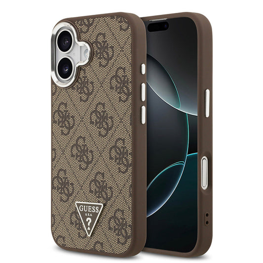 Apple iPhone 17 Kılıf Guess Orjinal Lisanslı M-safe Şarj Özellikli Gümüş Metal Kamera Çerçeveli Üçgen Logo 4G Desenli Kapak