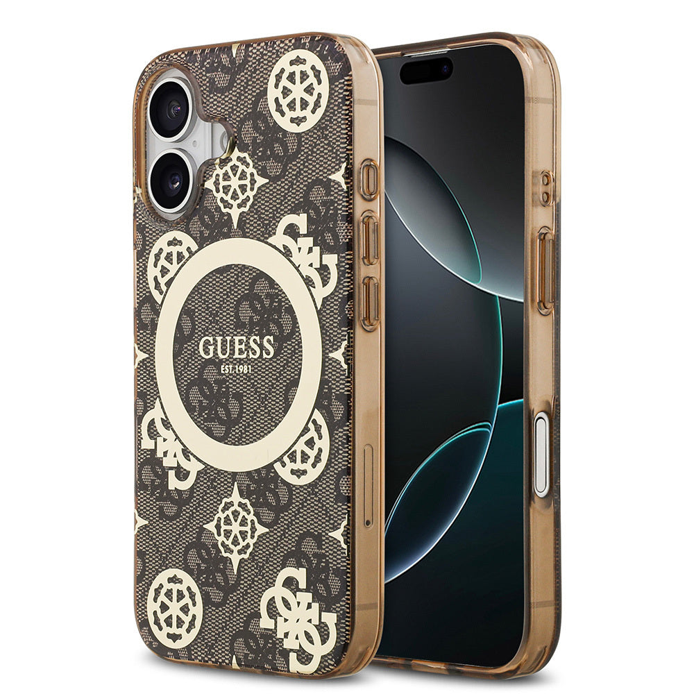 Apple iPhone 17 Kılıf Guess Orjinal Lisanslı M-safe Şarj Özellikli IML Peony ve 4G Desenli Klasik Logolu Kapak - Görsel 2
