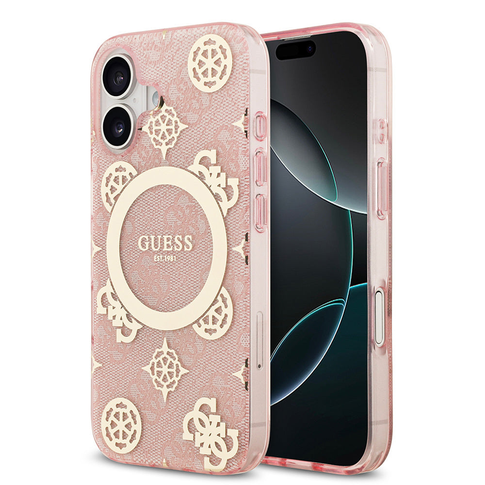 Apple iPhone 17 Kılıf Guess Orjinal Lisanslı M-safe Şarj Özellikli IML Peony ve 4G Desenli Klasik Logolu Kapak - Görsel 3