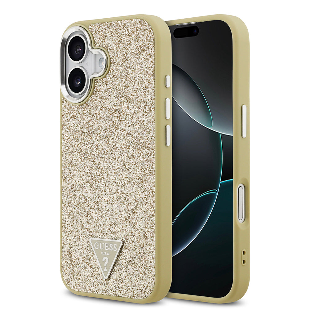Apple iPhone 17 Kılıf Guess Orjinal Lisanslı M-safe Şarj Özellikli Metal Kamera Çerçeveli Üçgen Logolu Glitter Kapak - Görsel 5