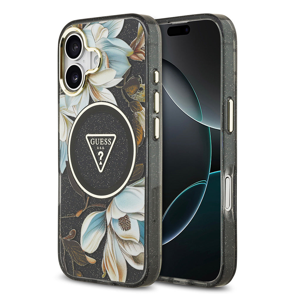 Apple iPhone 17 Kılıf Guess Orjinal Lisanslı M-safe Şarj Özellikli Simli Çiçek Desenli Metal Kamera Çerçeveli Üçgen Logolu Kapak - Görsel 4