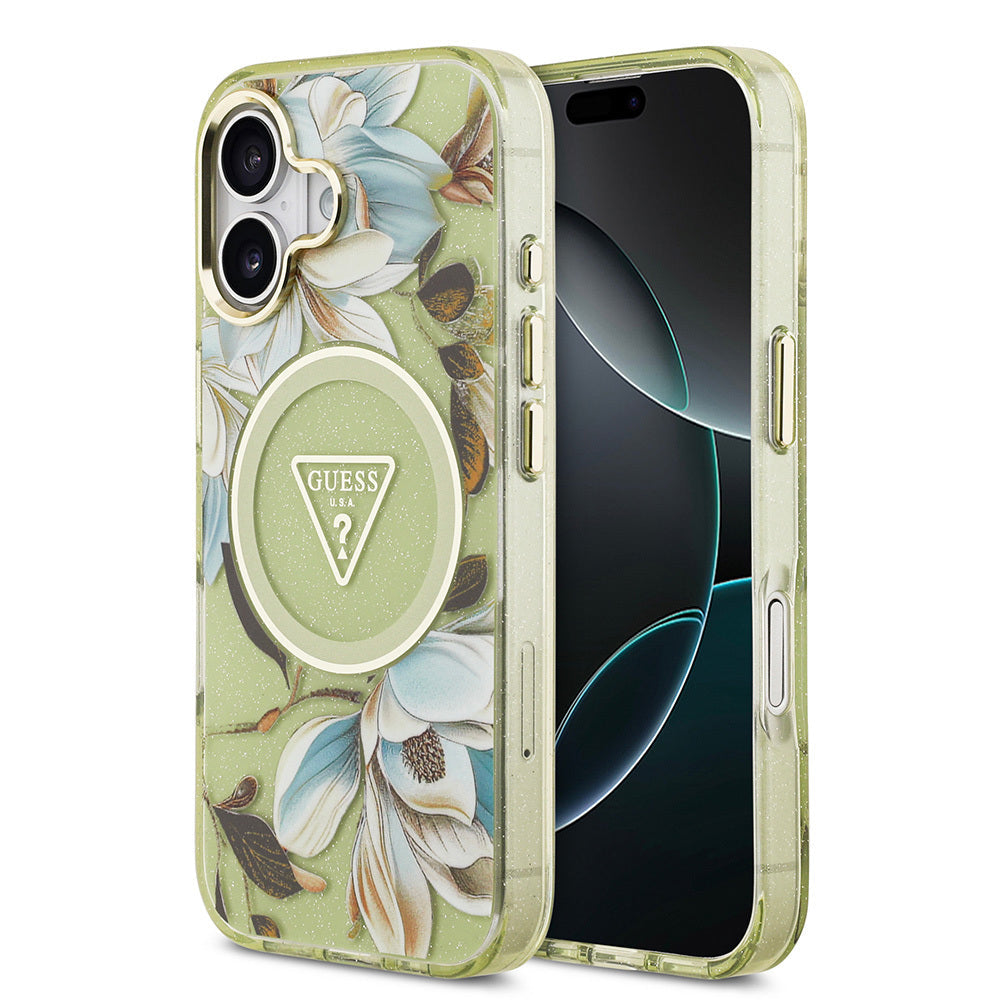 Apple iPhone 17 Kılıf Guess Orjinal Lisanslı M-safe Şarj Özellikli Simli Çiçek Desenli Metal Kamera Çerçeveli Üçgen Logolu Kapak - Görsel 2