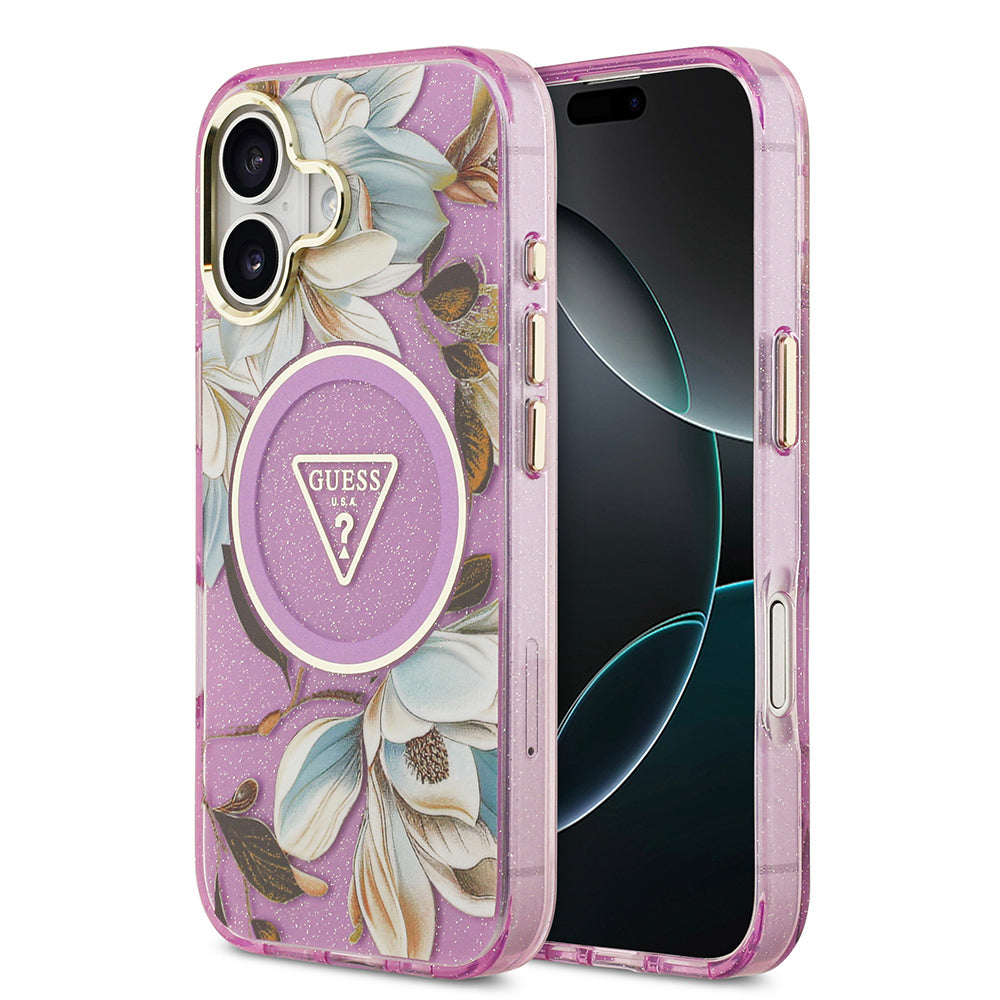 Apple iPhone 17 Kılıf Guess Orjinal Lisanslı M-safe Şarj Özellikli Simli Çiçek Desenli Metal Kamera Çerçeveli Üçgen Logolu Kapak - Görsel 3
