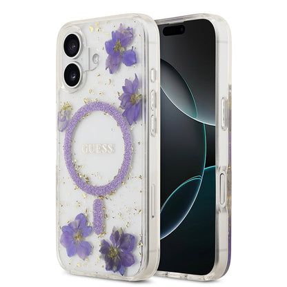 Apple iPhone 17 Kılıf Guess Orjinal Lisanslı M-safe Şarj Özellikli Transparan Resin Flowers Kapak - Görsel 3
