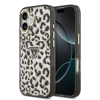Apple iPhone 17 Kılıf Guess Orjinal Lisanslı M-safe Şarj Özellikli Üçgen Logolu Simli Leopar Desenli Kapak - Görsel 3
