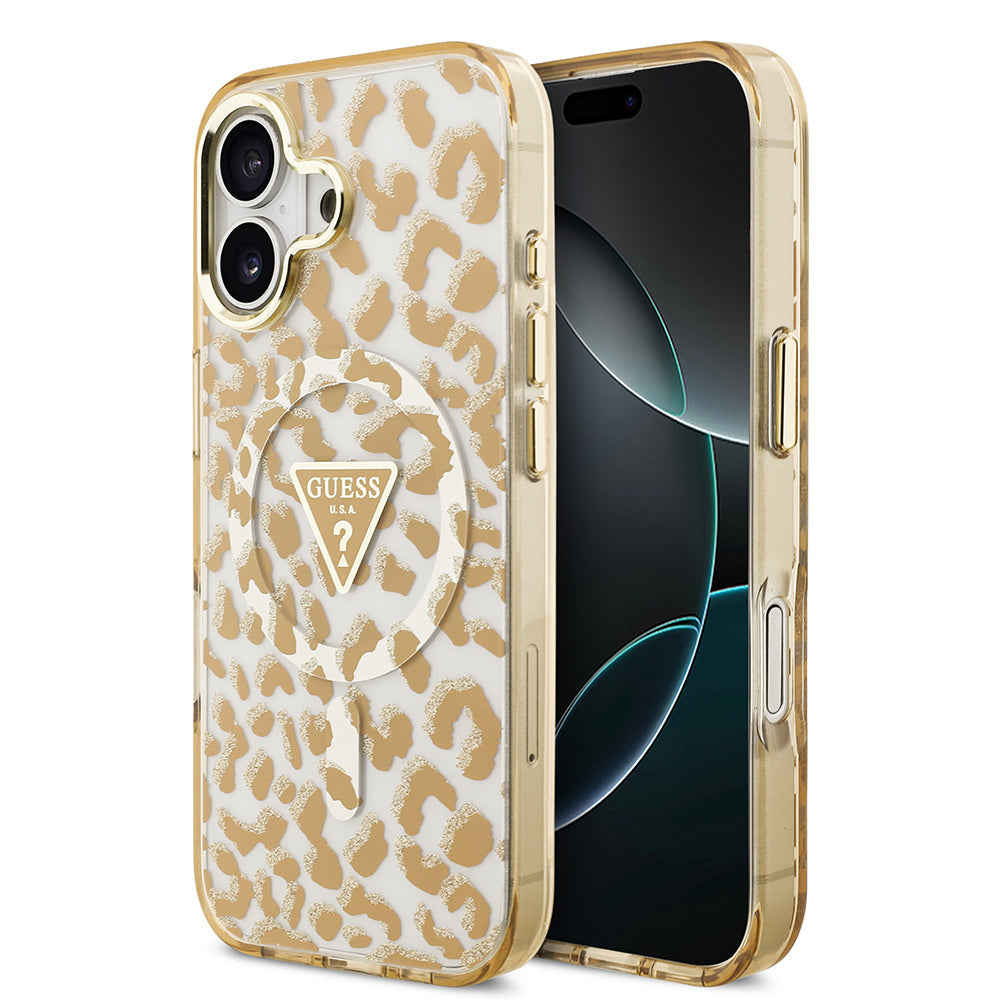 Apple iPhone 17 Kılıf Guess Orjinal Lisanslı M-safe Şarj Özellikli Üçgen Logolu Simli Leopar Desenli Kapak - Görsel 2