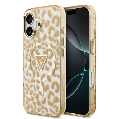 Apple iPhone 17 Kılıf Guess Orjinal Lisanslı M-safe Şarj Özellikli Üçgen Logolu Simli Leopar Desenli Kapak - Görsel 2