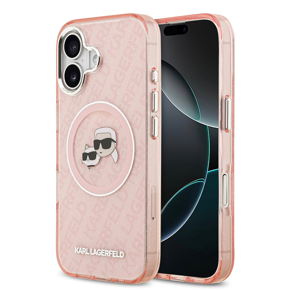Apple iPhone 17 Kılıf Karl Lagerfeld Orjinal Lisanslı Parlayan Simli Karl & Choupette Heads Kapak - Görsel 4