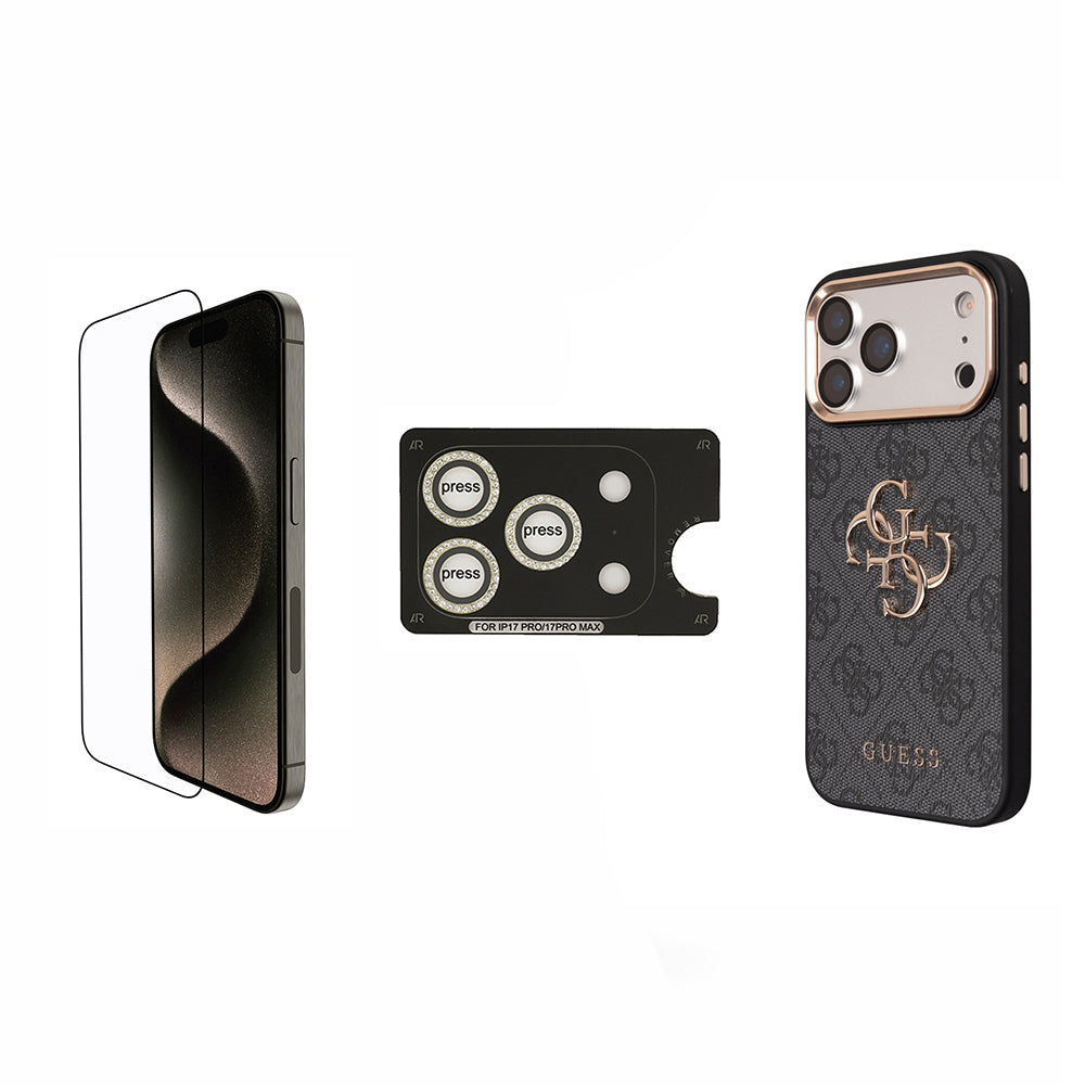 Apple iPhone 17 Pro Guess Orjinal Lisanslı Büyük 4G ve Yazı Logolu Kılıf + Ekran Koruyucu + Lens Koruyucu 3in1 Aksesuar Seti - Görsel 7