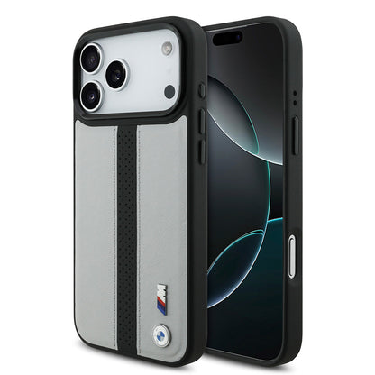 Apple iPhone 17 Pro Kılıf BMW Orjinal Lisanslı M-safe Şarj Özellikli Deri Arka Yüzey Metal Logolu Delikli Şerit Tasarımlı Kapak
