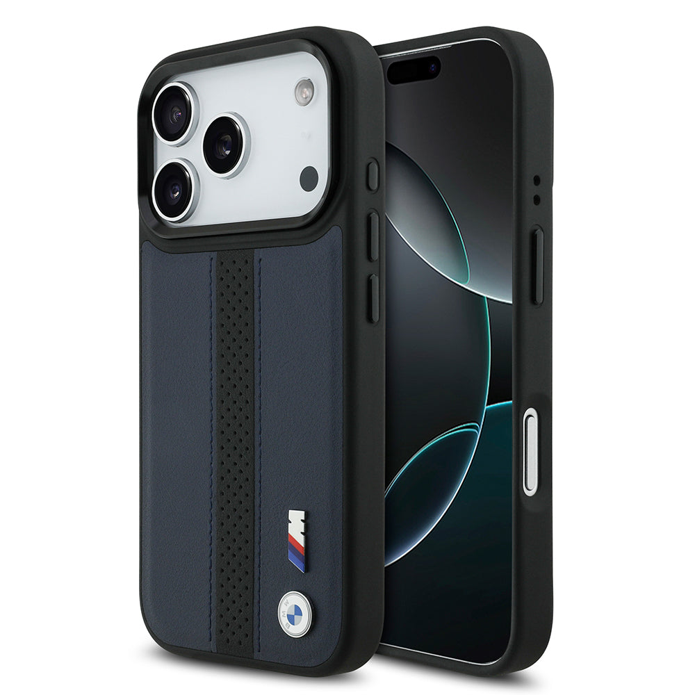 Apple iPhone 17 Pro Kılıf BMW Orjinal Lisanslı M-safe Şarj Özellikli Deri Arka Yüzey Metal Logolu Delikli Şerit Tasarımlı Kapak - Görsel 3