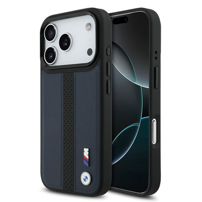 Apple iPhone 17 Pro Kılıf BMW Orjinal Lisanslı M-safe Şarj Özellikli Deri Arka Yüzey Metal Logolu Delikli Şerit Tasarımlı Kapak - Görsel 3