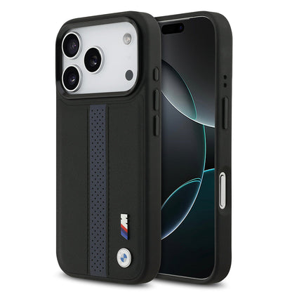 Apple iPhone 17 Pro Kılıf BMW Orjinal Lisanslı M-safe Şarj Özellikli Deri Arka Yüzey Metal Logolu Delikli Şerit Tasarımlı Kapak - Görsel 4