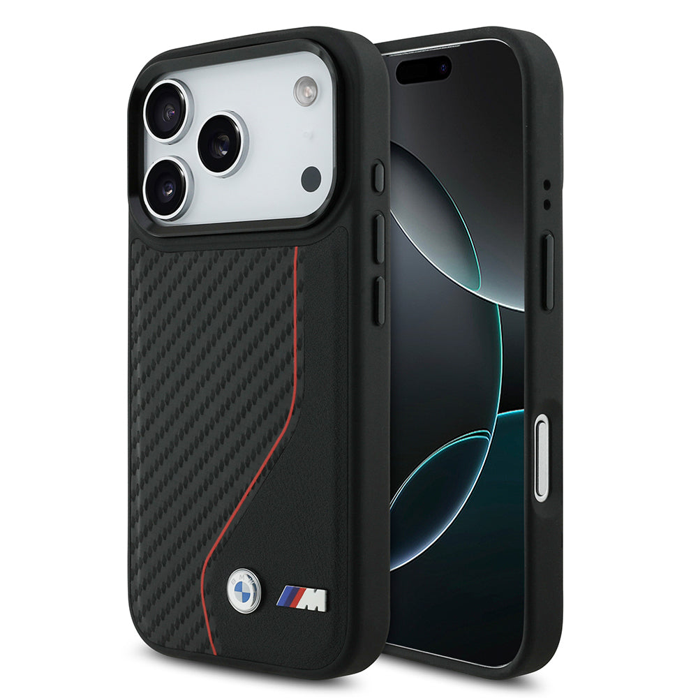 Apple iPhone 17 Pro Kılıf BMW Orjinal Lisanslı M-safe Şarj Özellikli Metal BMW ve M Logolu PU Karbon Tasarımlı Kapak
