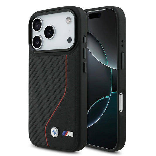 Apple iPhone 17 Pro Kılıf BMW Orjinal Lisanslı M-safe Şarj Özellikli Metal BMW ve M Logolu PU Karbon Tasarımlı Kapak
