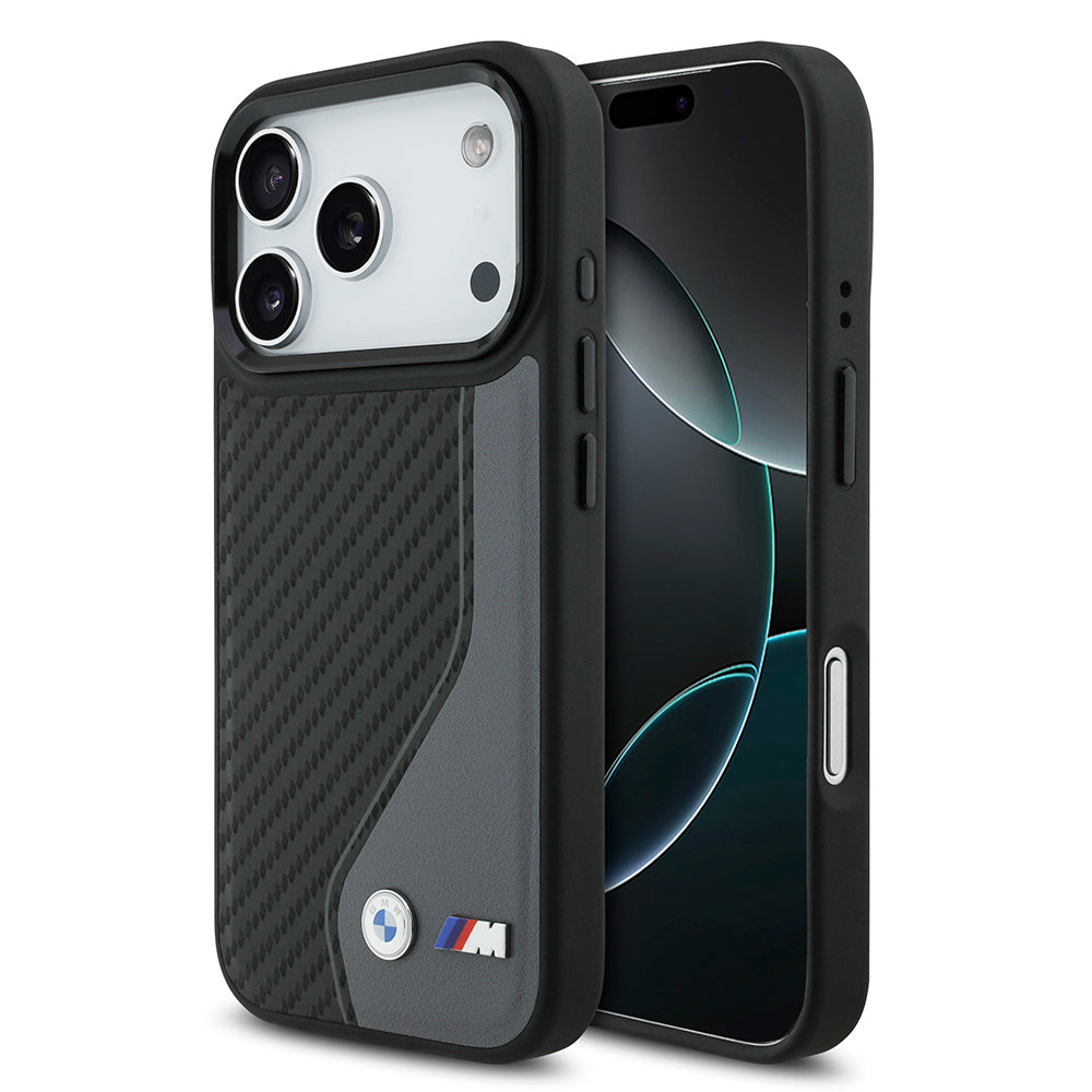 Apple iPhone 17 Pro Kılıf BMW Orjinal Lisanslı M-safe Şarj Özellikli Metal BMW ve M Logolu PU Karbon Tasarımlı Kapak - Görsel 3
