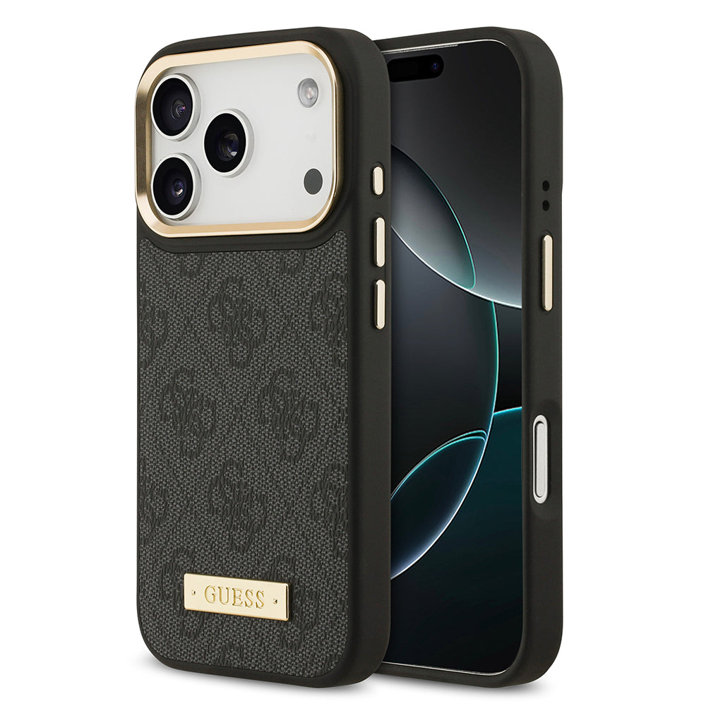 Apple iPhone 17 Pro Kılıf Guess Orjinal Lisanslı M-safe Şarj Özellikli 4G Desenli PU Metal Plaka Klasik Logolu Kapak - Görsel 3