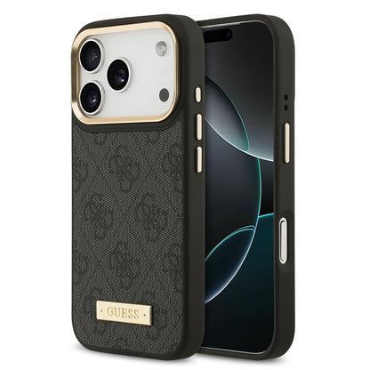 Apple iPhone 17 Pro Kılıf Guess Orjinal Lisanslı M-safe Şarj Özellikli 4G Desenli PU Metal Plaka Klasik Logolu Kapak - Görsel 3