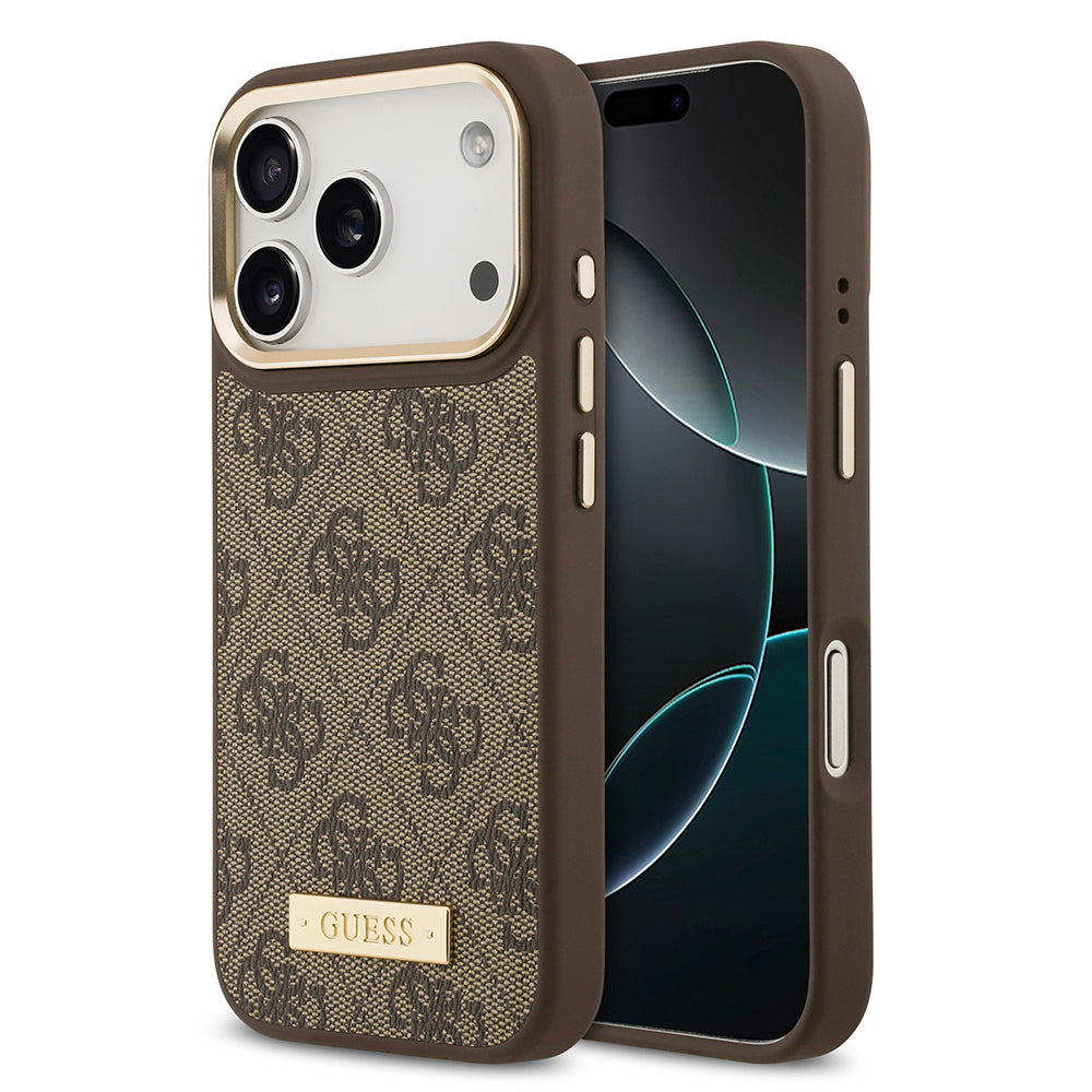 Apple iPhone 17 Pro Kılıf Guess Orjinal Lisanslı M-safe Şarj Özellikli 4G Desenli PU Metal Plaka Klasik Logolu Kapak - Görsel 2