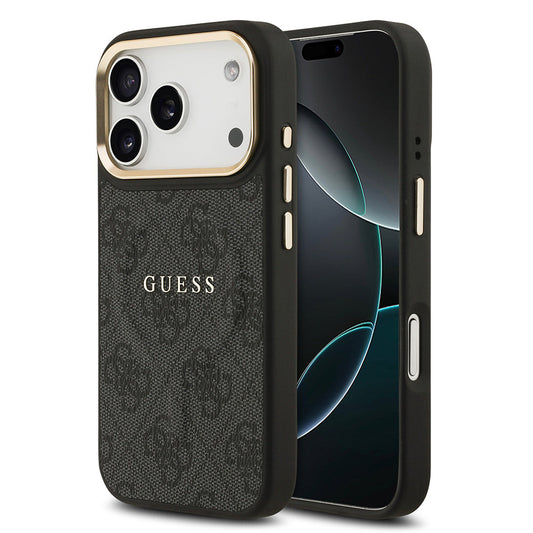 Apple iPhone 17 Pro Kılıf Guess Orjinal Lisanslı M-safe Şarj Özellikli Gold Metal Kamera Çerçeveli PU Deri 4G Desenli Yazı Logolu Kapak
