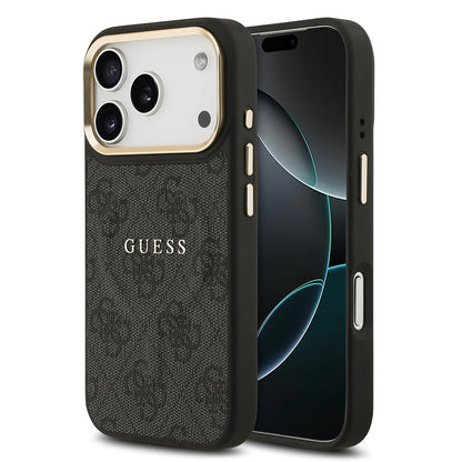Apple iPhone 17 Pro Kılıf Guess Orjinal Lisanslı M-safe Şarj Özellikli Gold Metal Kamera Çerçeveli PU Deri 4G Desenli Yazı Logolu Kapak - Görsel 2