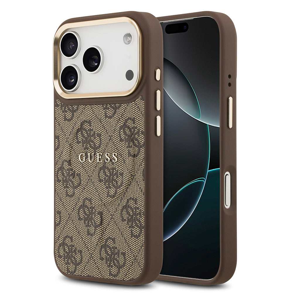 Apple iPhone 17 Pro Kılıf Guess Orjinal Lisanslı M-safe Şarj Özellikli Gold Metal Kamera Çerçeveli PU Deri 4G Desenli Yazı Logolu Kapak - Görsel 3