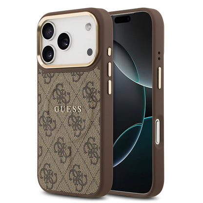 Apple iPhone 17 Pro Kılıf Guess Orjinal Lisanslı M-safe Şarj Özellikli Gold Metal Kamera Çerçeveli PU Deri 4G Desenli Yazı Logolu Kapak - Görsel 3