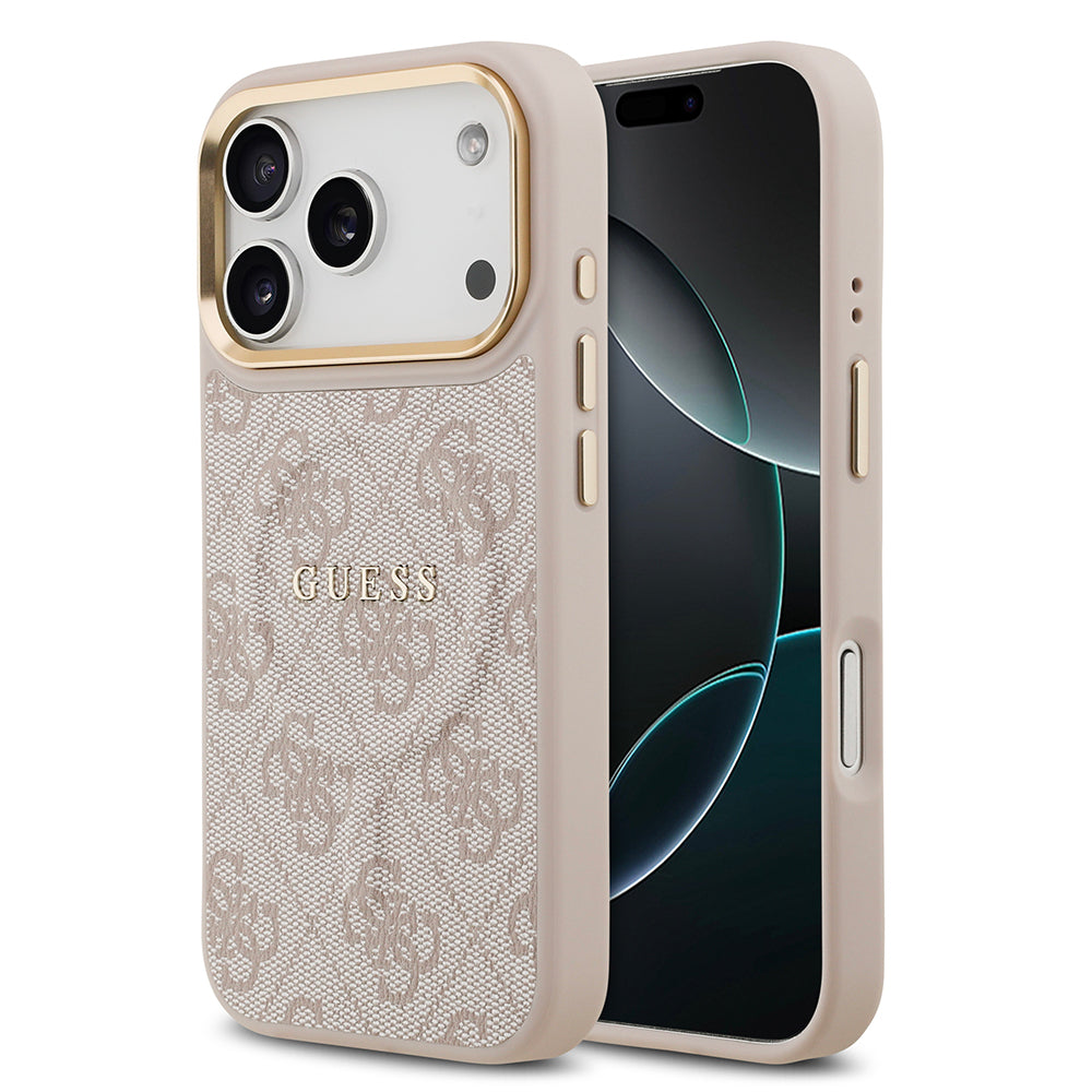 Apple iPhone 17 Pro Kılıf Guess Orjinal Lisanslı M-safe Şarj Özellikli Gold Metal Kamera Çerçeveli PU Deri 4G Desenli Yazı Logolu Kapak - Görsel 5