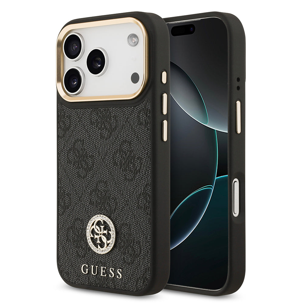 Apple iPhone 17 Pro Kılıf Guess Orjinal Lisanslı M-safe Şarj Özellikli Gold Metal Kamera Çerçeveli Taşlı 4G Logolu Kapak - Görsel 2