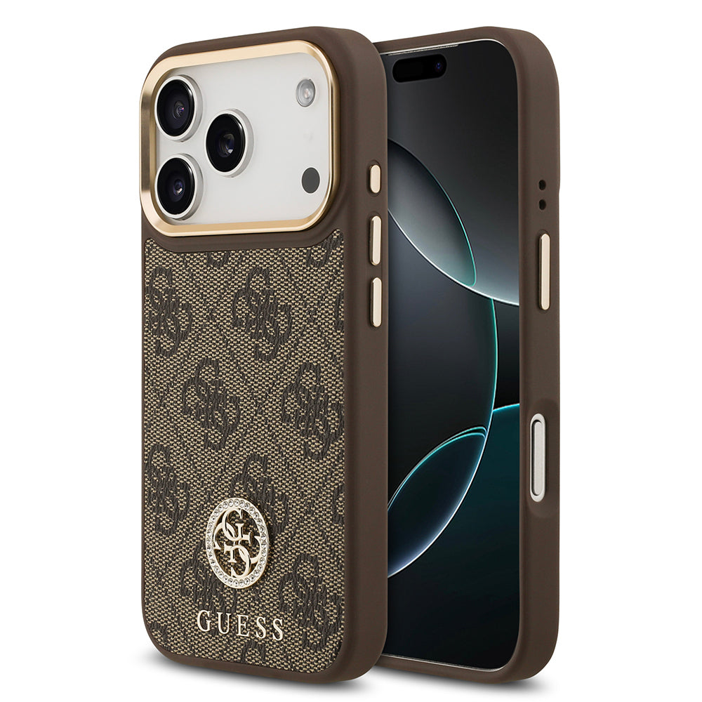 Apple iPhone 17 Pro Kılıf Guess Orjinal Lisanslı M-safe Şarj Özellikli Gold Metal Kamera Çerçeveli Taşlı 4G Logolu Kapak - Görsel 3