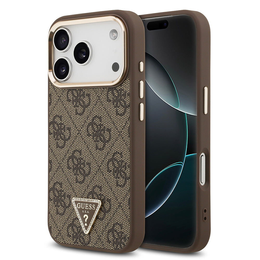 Apple iPhone 17 Pro Kılıf Guess Orjinal Lisanslı M-safe Şarj Özellikli Gold Metal Kamera Çerçeveli Taşlı Üçgen Logo 4G Desenli Kapak - Görsel 2