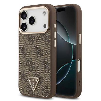 Apple iPhone 17 Pro Kılıf Guess Orjinal Lisanslı M-safe Şarj Özellikli Gold Metal Kamera Çerçeveli Taşlı Üçgen Logo 4G Desenli Kapak - Görsel 2