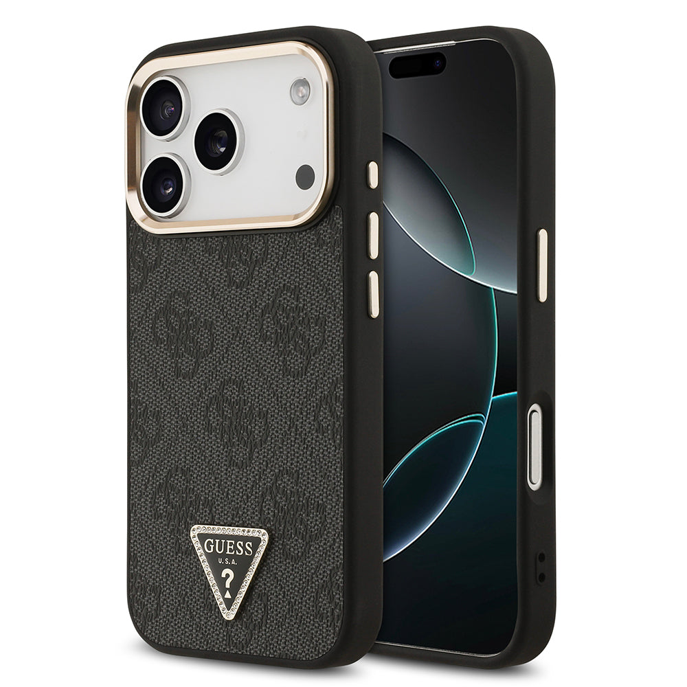 Apple iPhone 17 Pro Kılıf Guess Orjinal Lisanslı M-safe Şarj Özellikli Gold Metal Kamera Çerçeveli Taşlı Üçgen Logo 4G Desenli Kapak - Görsel 4