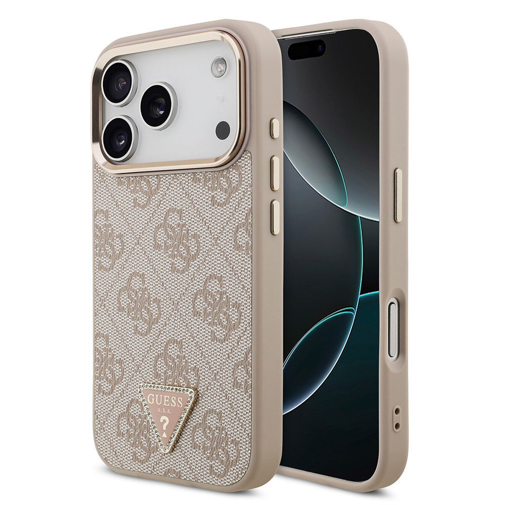 Apple iPhone 17 Pro Kılıf Guess Orjinal Lisanslı M-safe Şarj Özellikli Gold Metal Kamera Çerçeveli Taşlı Üçgen Logo 4G Desenli Kapak - Görsel 3