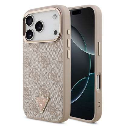 Apple iPhone 17 Pro Kılıf Guess Orjinal Lisanslı M-safe Şarj Özellikli Gold Metal Kamera Çerçeveli Taşlı Üçgen Logo 4G Desenli Kapak - Görsel 3